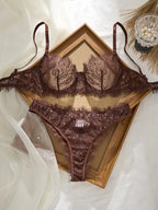 Brown lace bra with matching panties for elegant comfort