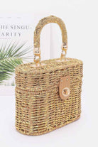 VacationGrabs braided cotton top handle bag in gold with textured design and secure clasp closure