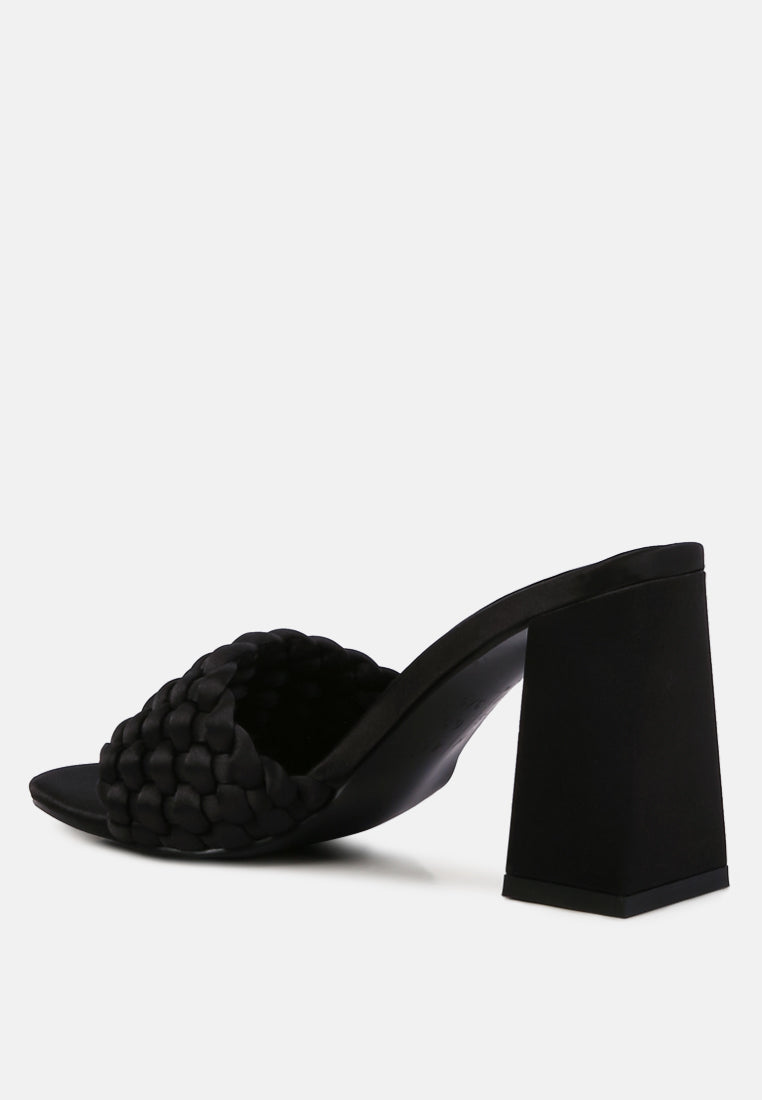 London Rag International braided satin block sandals in black with a stylish chunky heel