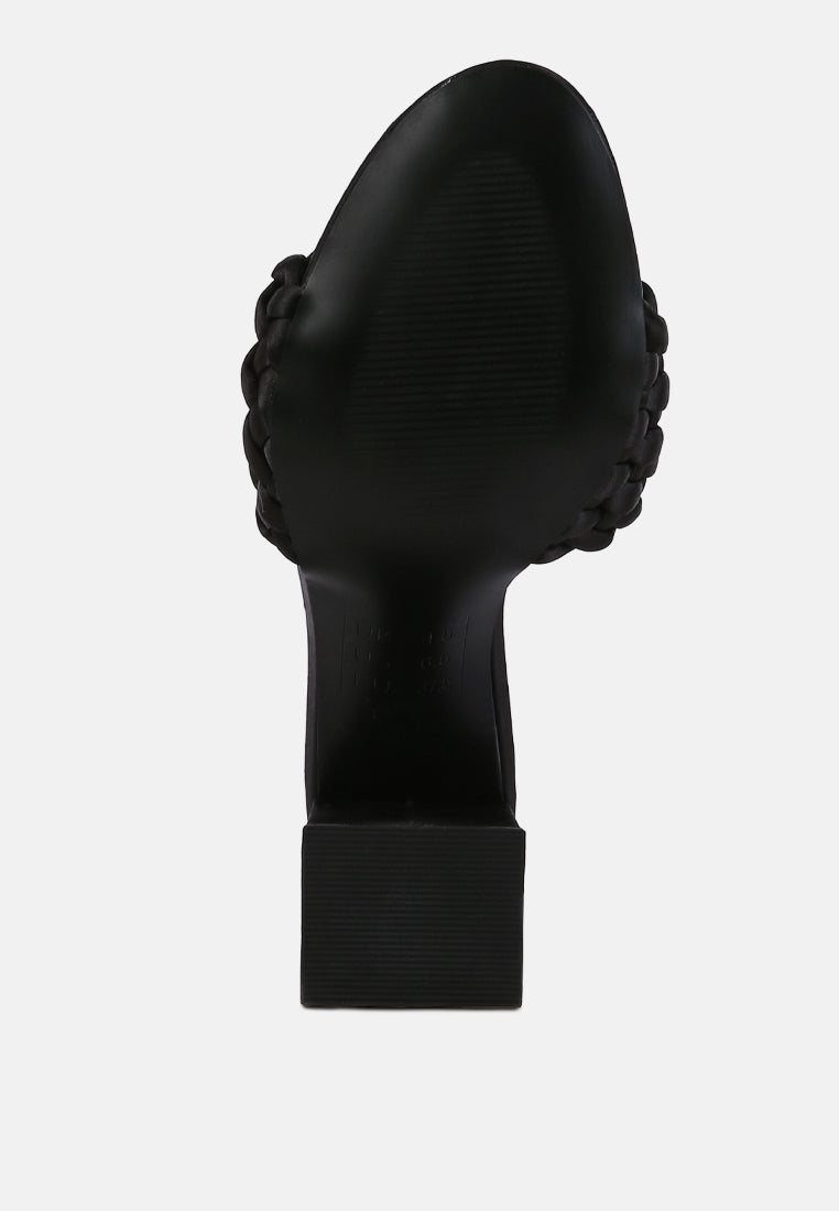 Underneath view of black braided satin block sandals for women's fashion and comfort