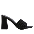 Black braided satin block sandals with a stylish chunky heel for women's fashion
