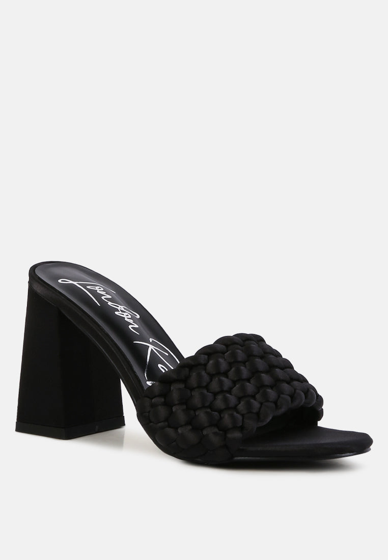 London Rag International braided satin block sandals in black with a stylish braided strap