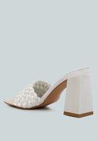 White braided satin block sandals with a sturdy block heel for stylish comfort