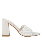 White braided satin block sandals with a stylish woven design and chunky heel