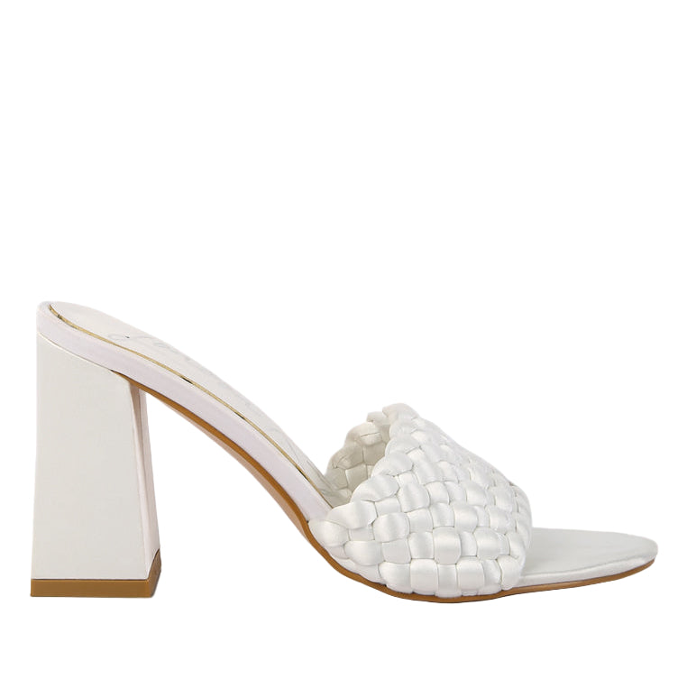 White braided satin block sandals with a stylish woven design and chunky heel