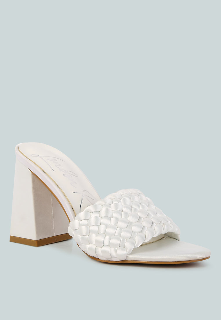 London Rag International braided satin block sandals in white with a stylish wide strap and block heel