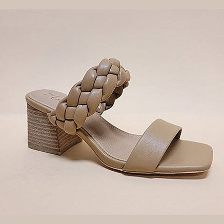 Let's See Style women's braided strap heeled sandals in beige with block heel and square toe