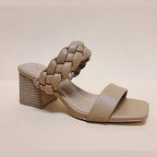 Let's See Style women's braided strap heeled sandals in beige with block heel and square toe