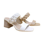 Let's See Style women's braided strap heeled sandals in white and beige with block heels