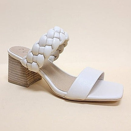 Women's white braided strap heeled sandals with block heel and open toe by Let's See Style