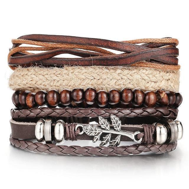Men's Jewelry - Wristbands Braided Wristbands Metal Leaf PU Leather Bracelet Set