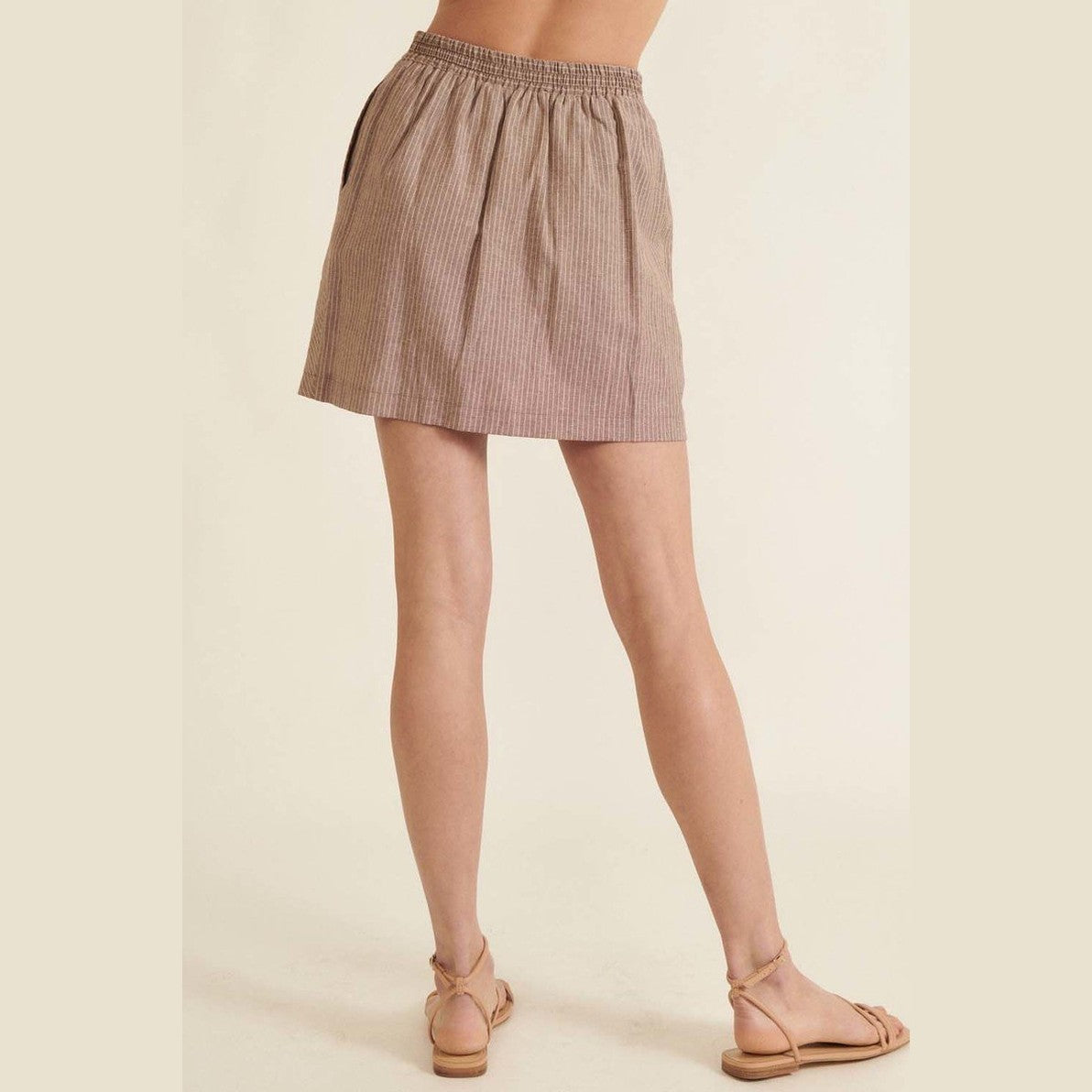 VacationGrabs chic pinstripe skirt for women in light brown with elastic waistband and side pockets