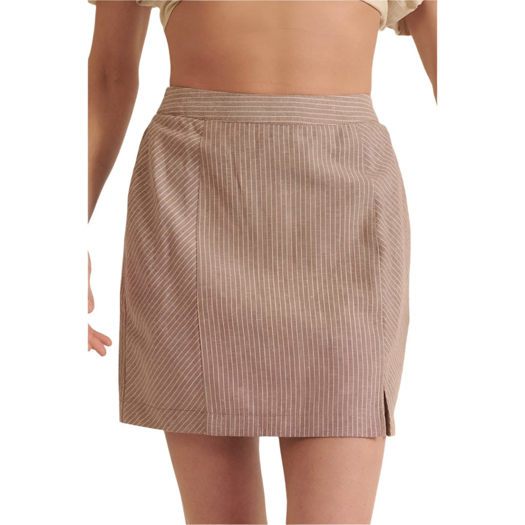 VacationGrabs chic pinstripe skirt for women in beige with subtle vertical stripes and a small side slit