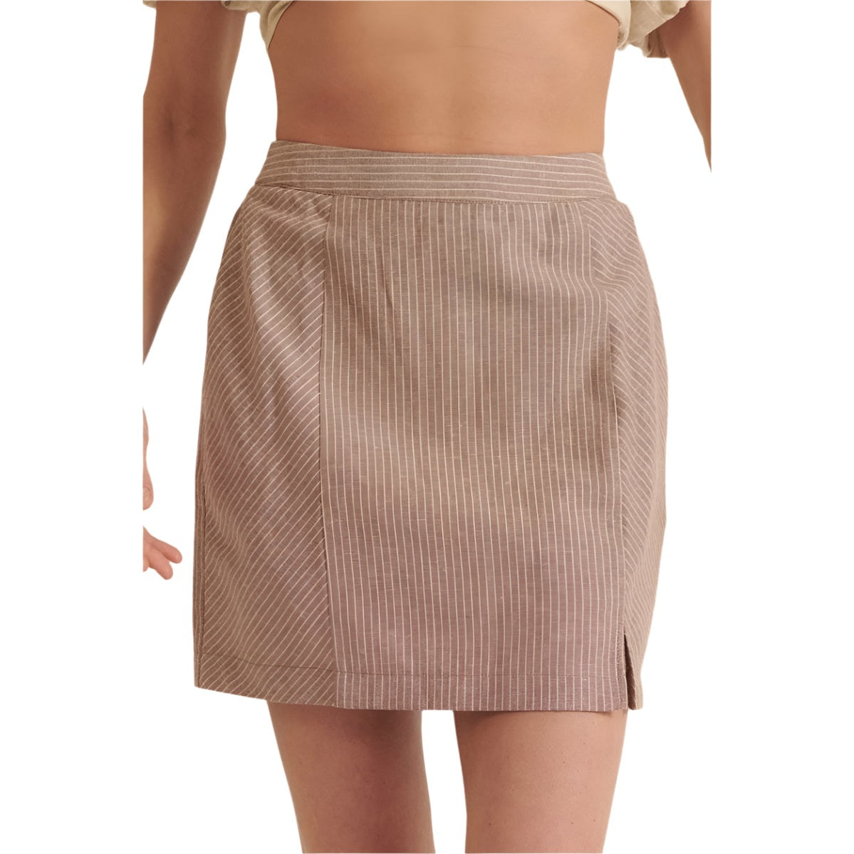 VacationGrabs chic pinstripe skirt for women in beige with subtle vertical stripes and a small side slit