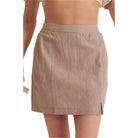 VacationGrabs chic pinstripe skirt for women in beige with subtle vertical stripes and a small side slit