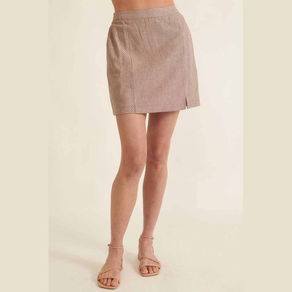 VacationGrabs chic pinstripe skirt for women featuring a straight cut and side slit in beige