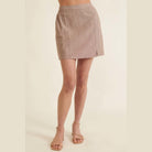VacationGrabs chic pinstripe skirt for women featuring a straight cut and side slit in beige