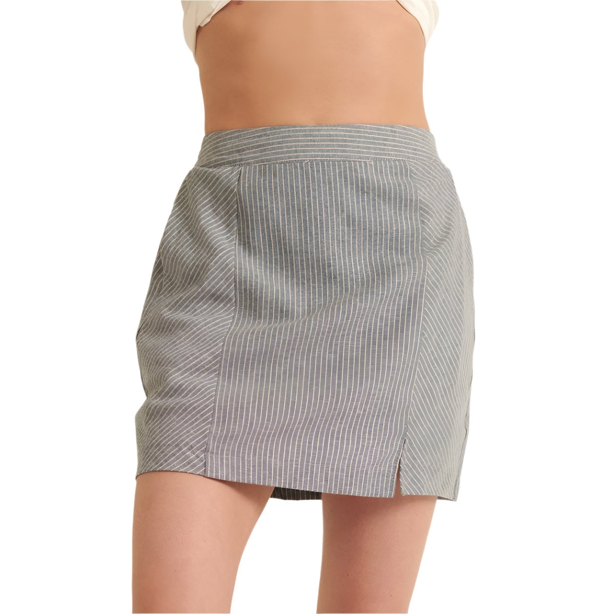 VacationGrabs chic pinstripe skirt for women in light gray with white stripes and front slit