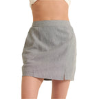 VacationGrabs chic pinstripe skirt for women in light gray with white stripes and front slit