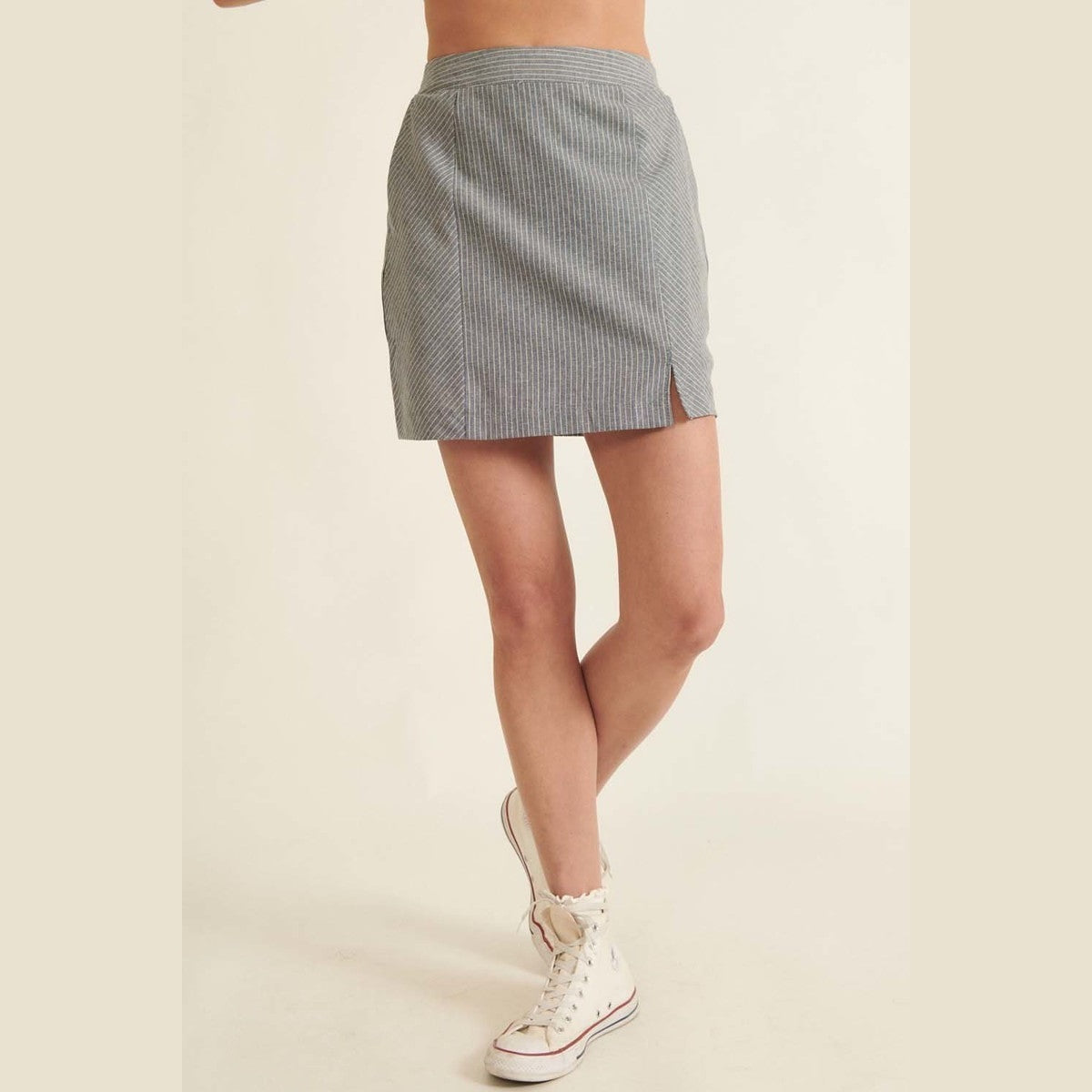 VacationGrabs chic pinstripe skirt for women featuring a front slit and tailored fit