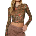 Miss Sparkling cropped mesh floral leopard top in sheer brown with red rose print long sleeves scalloped hem