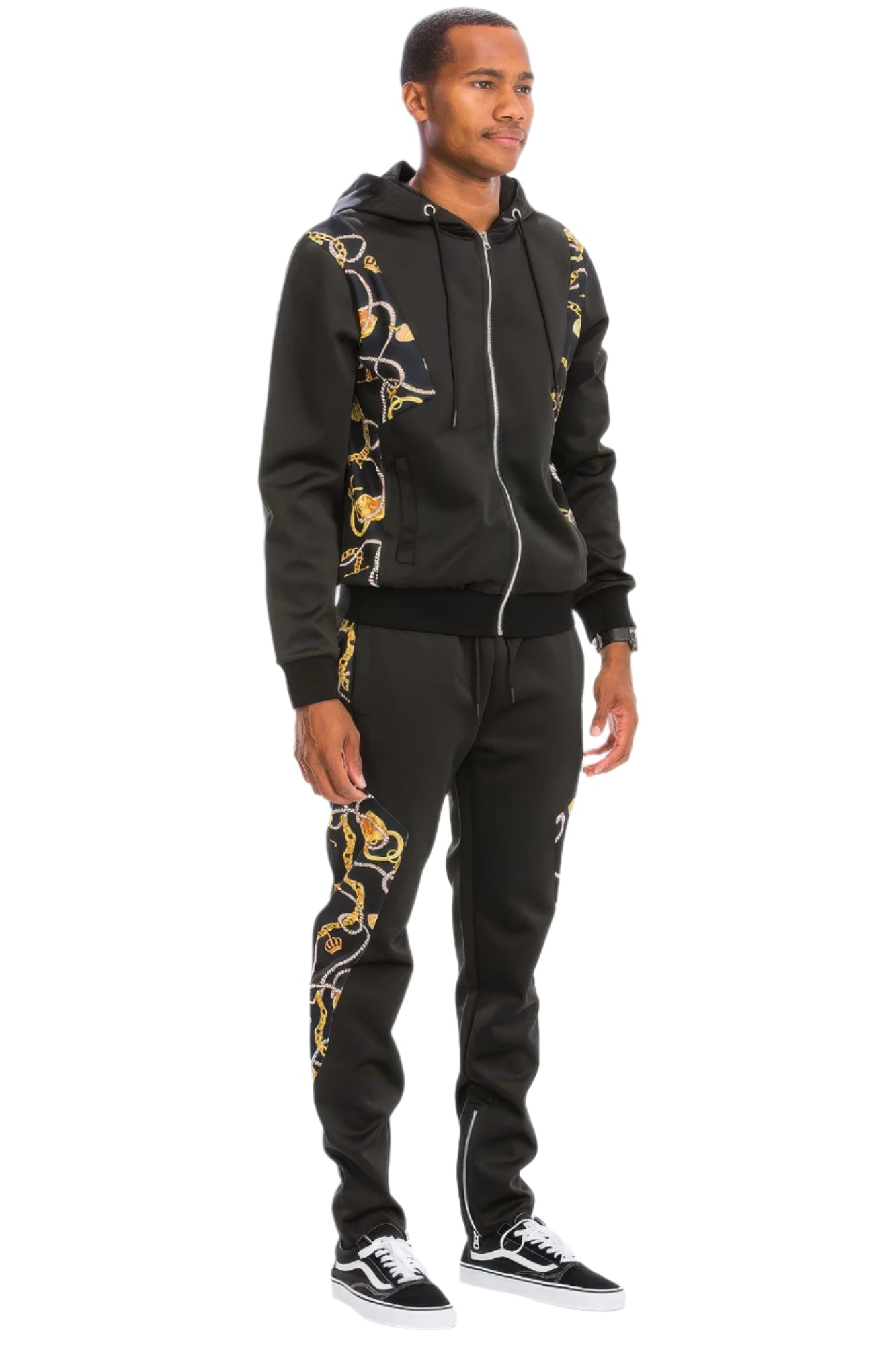 Men's 2PC track set by VacationGrabs featuring a lightweight athletic track suit for travel with black and gold design