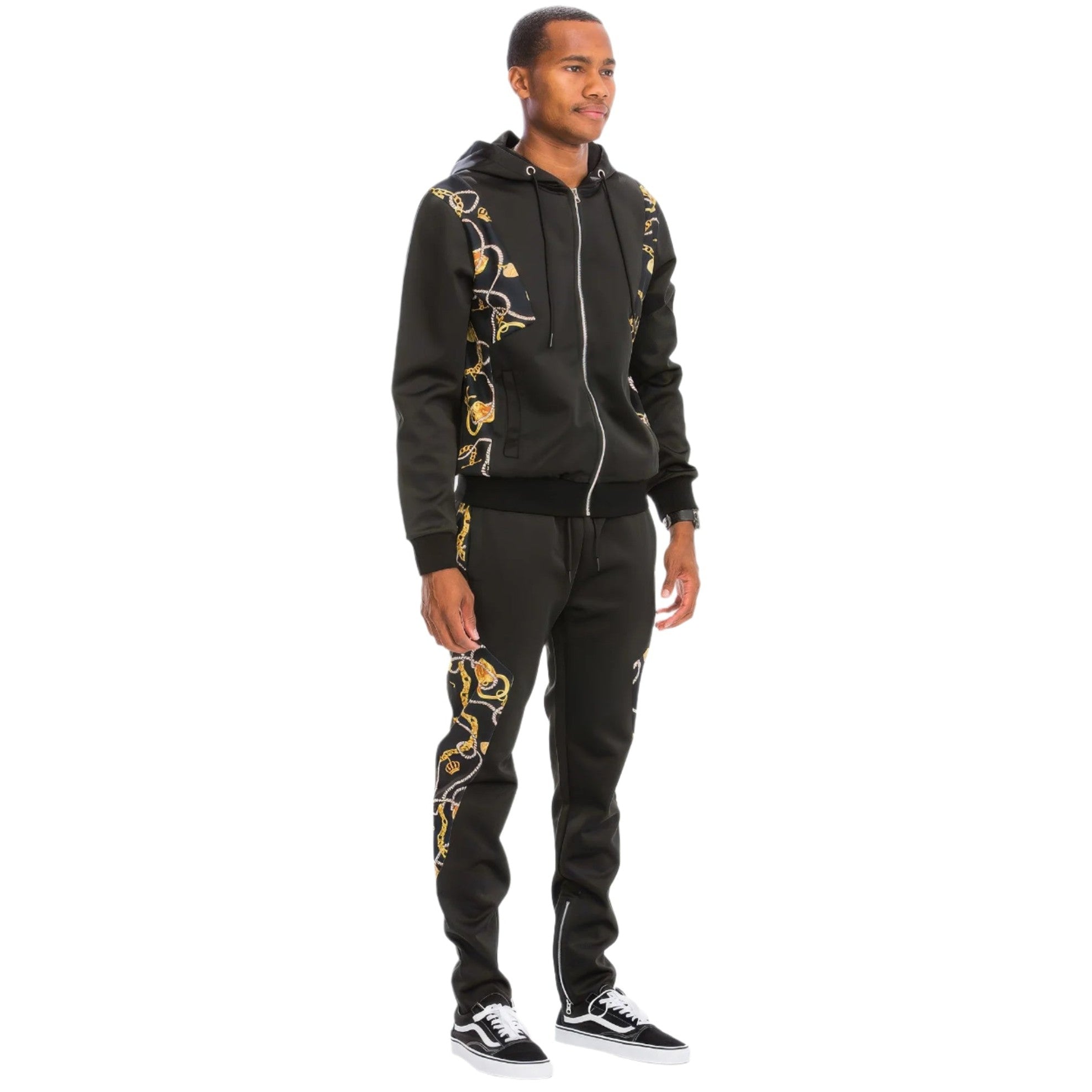 Men's 2PC track set by VacationGrabs featuring a lightweight athletic track suit for travel with black and gold design