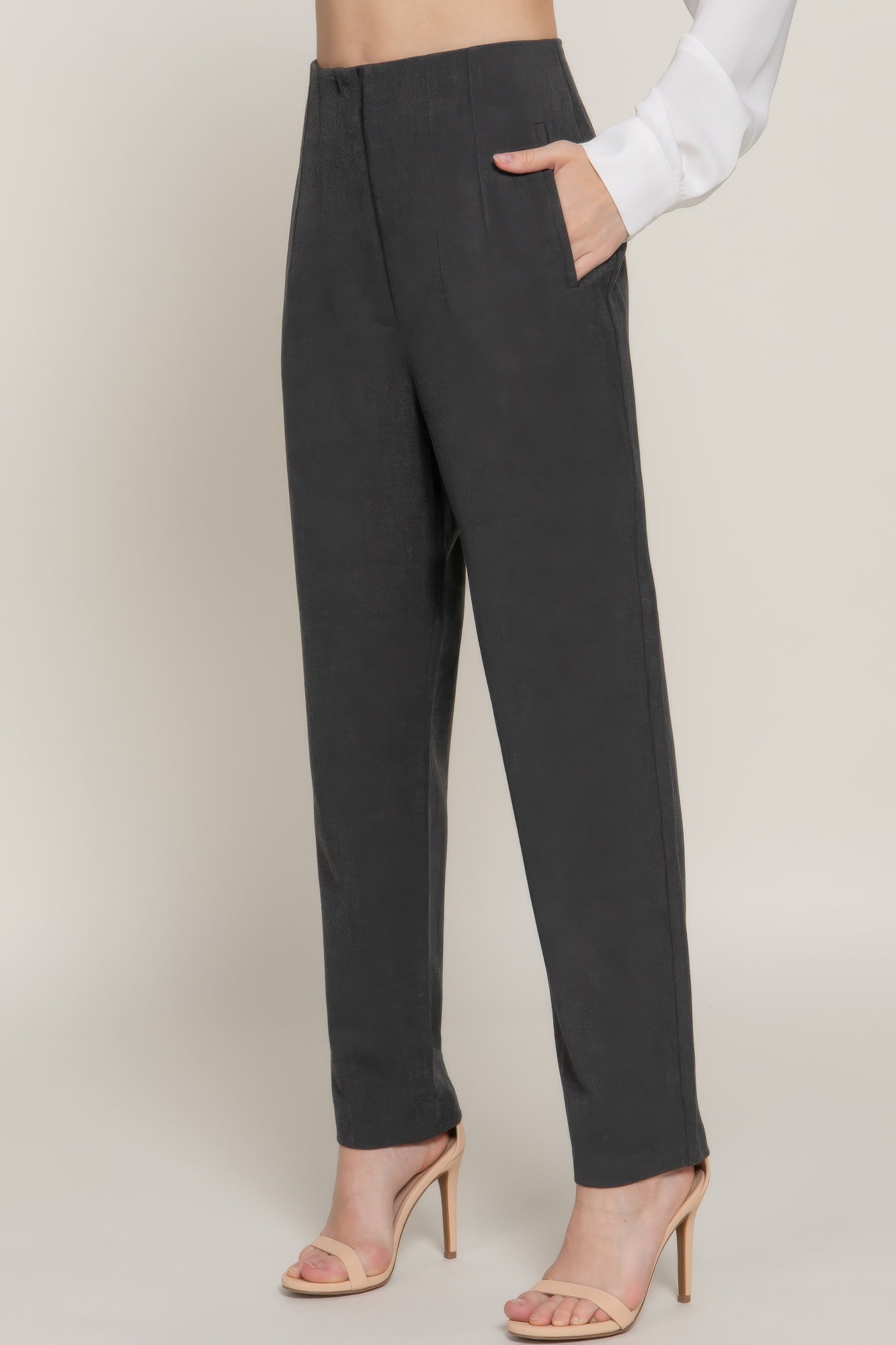 VacationGrabs stylish high rise trousers for women in charcoal gray with a straight fit and side pockets