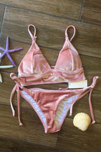 Beach Joy Bikini women's velvet halter bikini set in soft pink with adjustable straps and tie-side bottoms