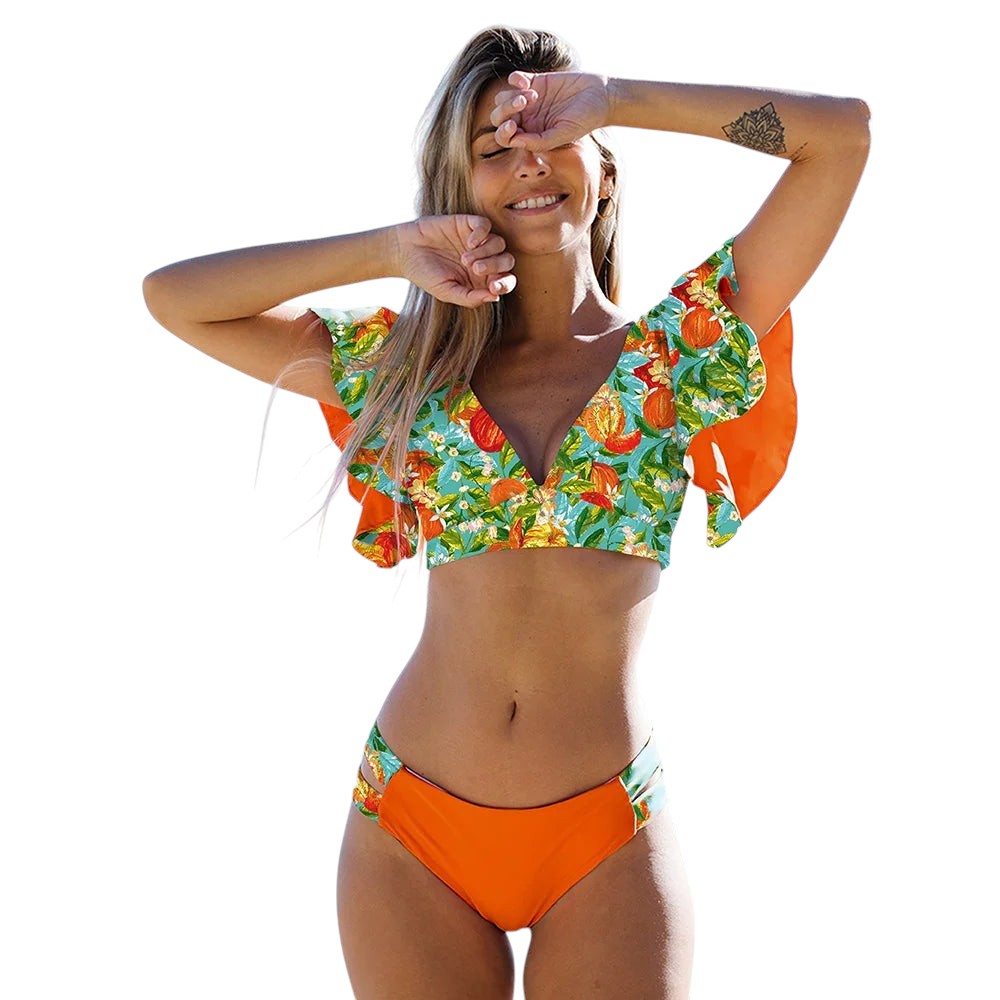women's orange floral bikini set, beachwear, Brazilian bikini waxing near me