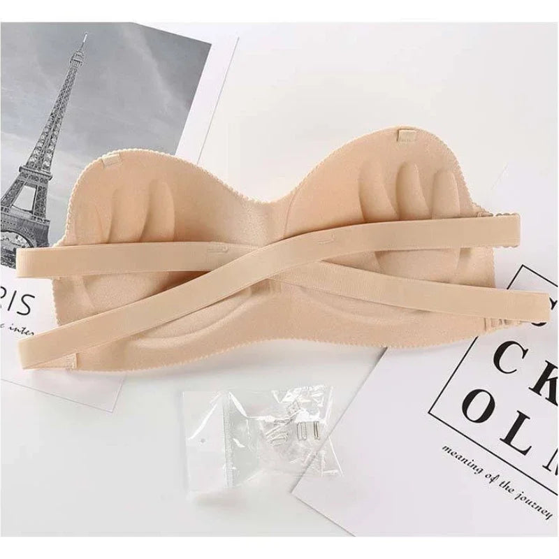 Beige breathable fashion bandeau bra with crisscross straps and removable clear straps