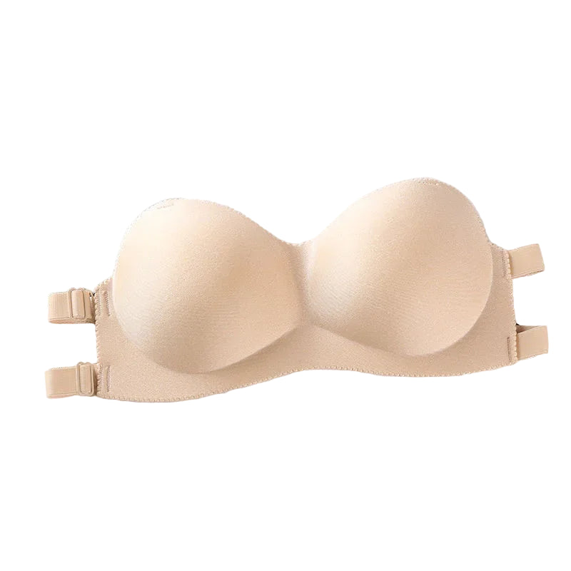 Beige breathable fashion bandeau bra with seamless cups and adjustable straps by VacationGrabs