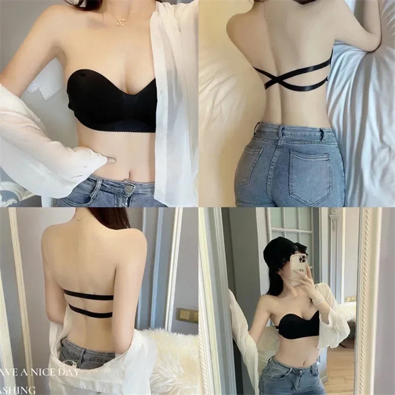 Breathable fashion bandeau bra in black with crisscross back straps worn with jeans and white shirt