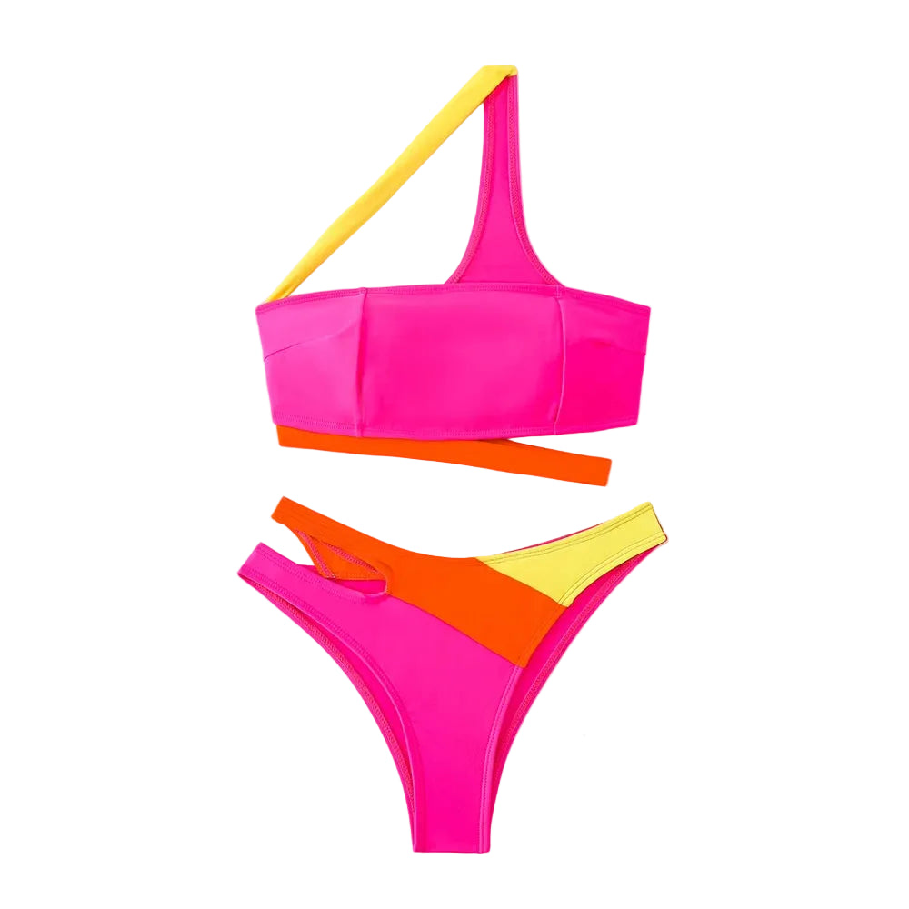 Women's bright beachwear bikini set in neon pink and yellow, perfect for summer