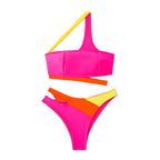 Women's bright beachwear bikini set in neon pink and yellow, perfect for summer