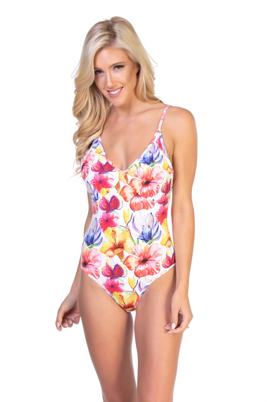 Beach Joy Bikini bright floral one piece swimsuit worn by blonde woman with colorful flower pattern