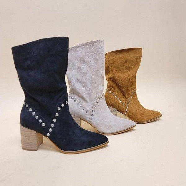 Brigitta stylish boots in navy, grey, and tan with decorative studs and block heels