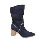 Brigitta stylish boots in navy suede with decorative silver studs and a block heel