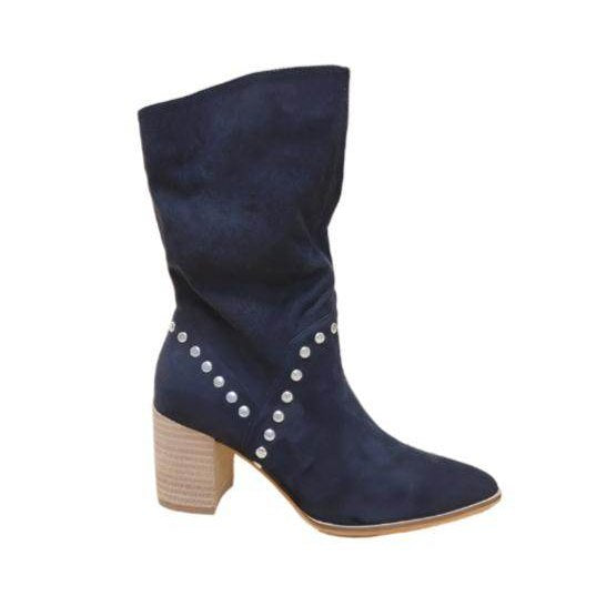 Brigitta stylish boots in navy suede with decorative silver studs and a block heel