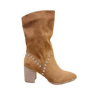 Brigitta stylish boots in tan suede with decorative studs and a chunky heel for fashionable wear