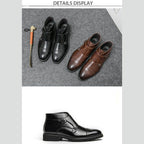 VacationGrabs British luxury ankle boots in black and brown displayed on grey background