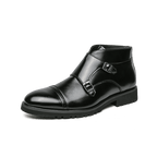 Stylish British luxury ankle boots in black leather with double buckle design for men