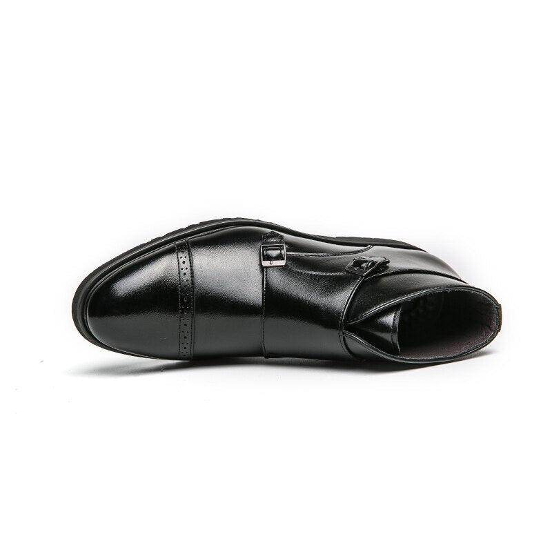 British luxury ankle boots in sleek black leather with stylish buckle detail and a polished finish