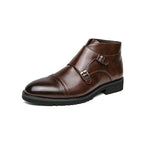 Brown British luxury ankle boots with double buckle design and durable sole for stylish comfort