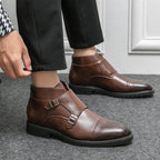 Brown VacationGrabs British luxury ankle boots with double buckle design for stylish casual wear