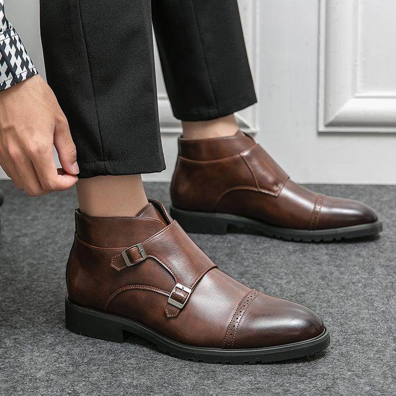 Brown VacationGrabs British luxury ankle boots with double buckle design for stylish casual wear