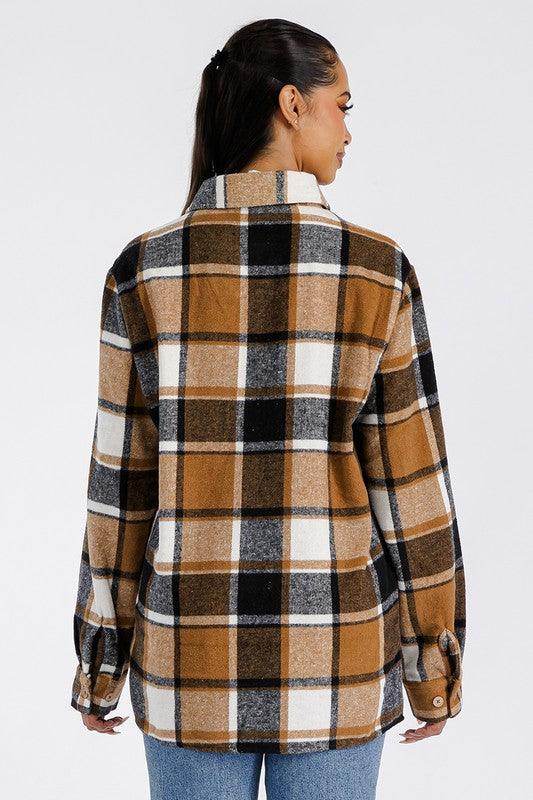 Back view of WEIV brown boyfriend flannel shacket with large plaid pattern and button details