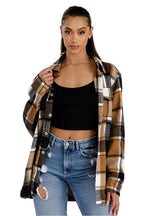 WEIV Women's Brown Boyfriend Flannel Shacket with Checkered Pattern and Button Front