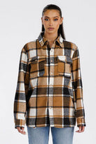 WEIV brown boyfriend flannel shacket with classic plaid pattern and front pockets for stylish layering