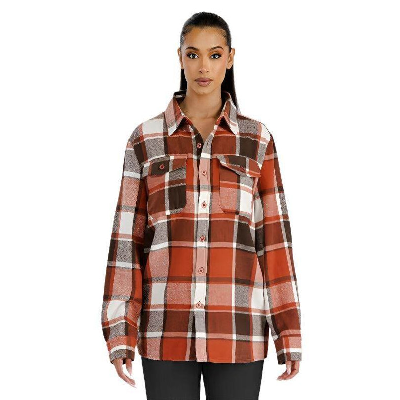 WEIV Brown Boyfriend Flannel Shacket with Checked Pattern and Button Closure